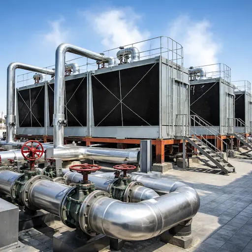 12 industrial cooling towers with pipes and mist