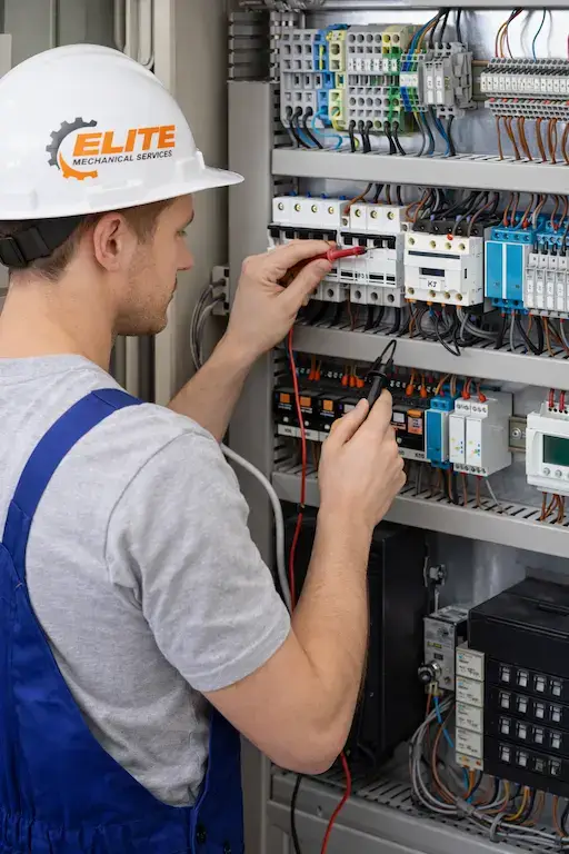 commercial controls technician testing bas panel.webp