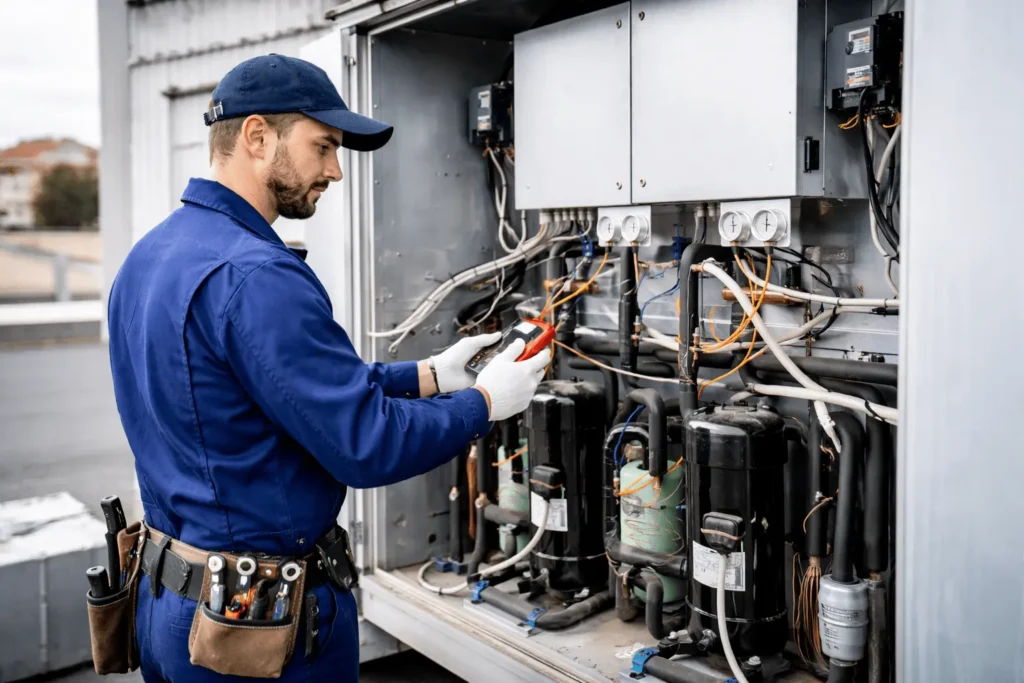 hvac technician servicing air conditioning unit.webp