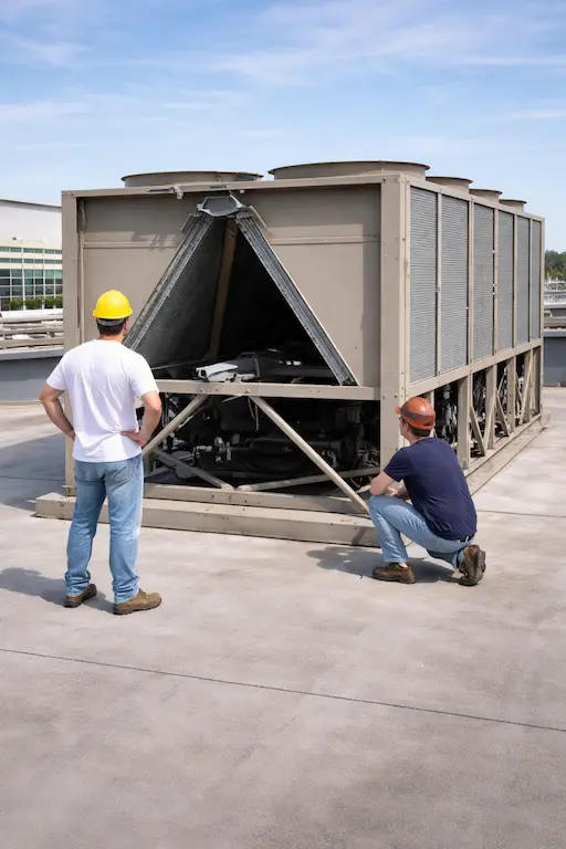 hvac technicians inspect rooftop chiller.webp