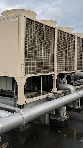 industrial rooftop with hvac and pipes