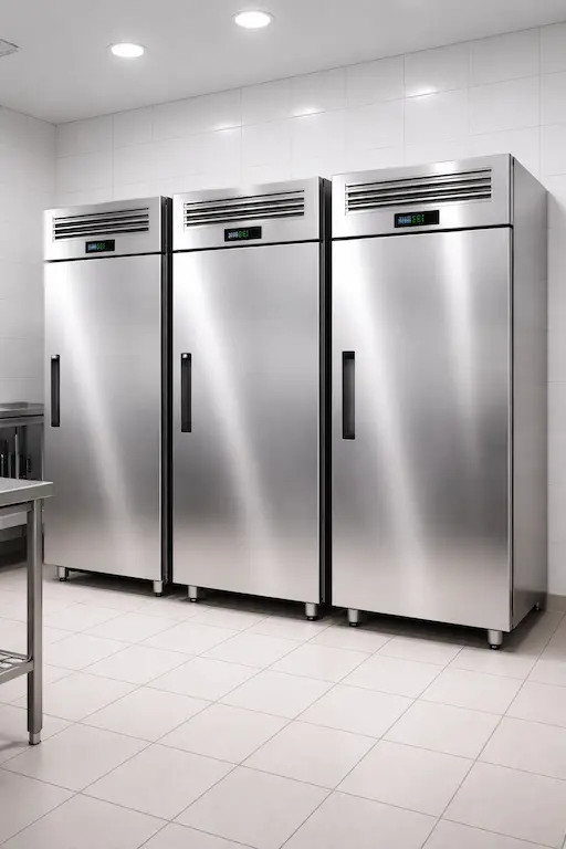 professional kitchen refrigerators lined up.webp