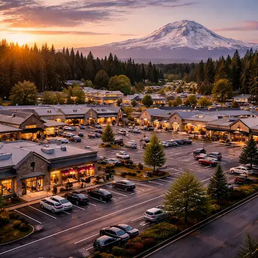 sunset over shopping center and mount rainier.webp