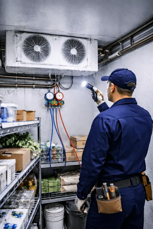 tech inspecting cooler with frosty evaporator.webp