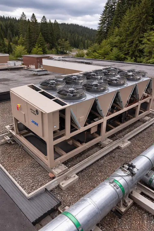 Commercial air-cooled chiller installed on rooftop in Olympia WA with industrial piping and cooling equipment