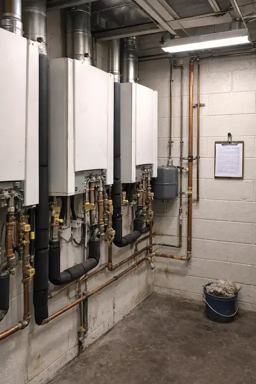 backside wall hung boilers mechanical room.webp
