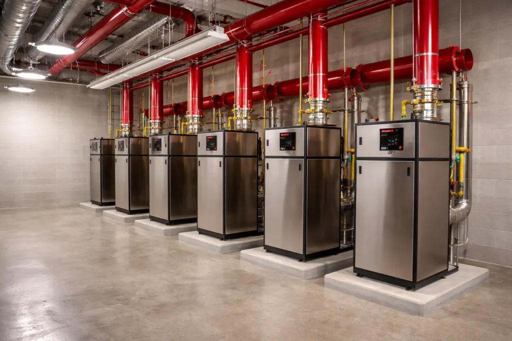 commercial boiler room red piping system.webp