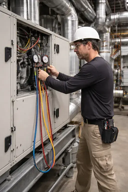 commercial hvac technician air handler mechanical room vertical.webp