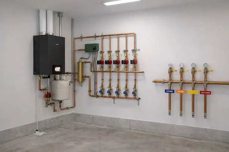 commercial mechanical room copper water distribution system.webp