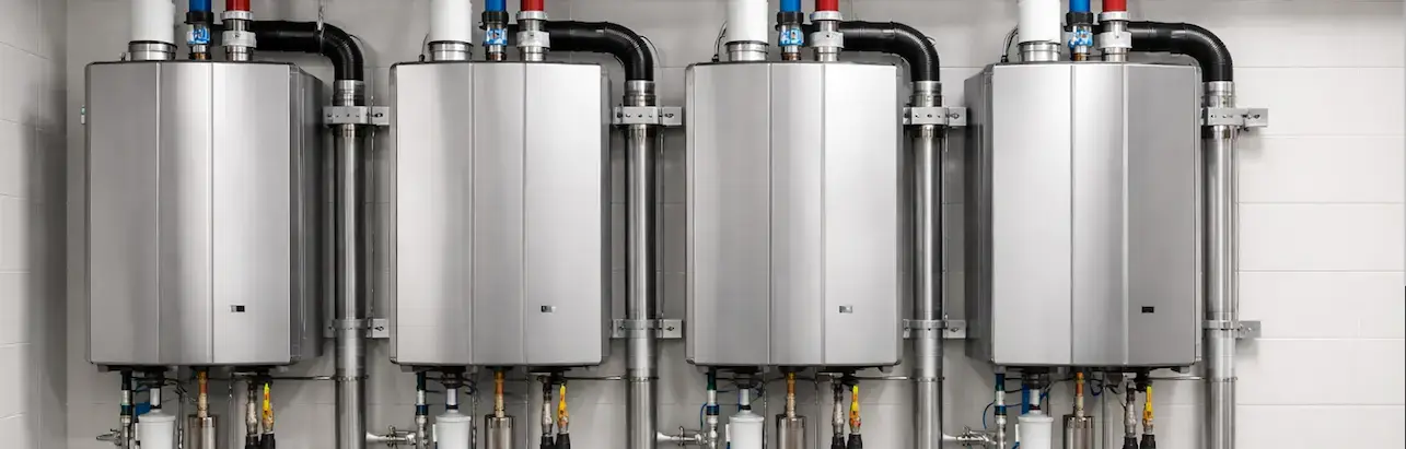 commercial wall mounted boiler system mechanical room.webp