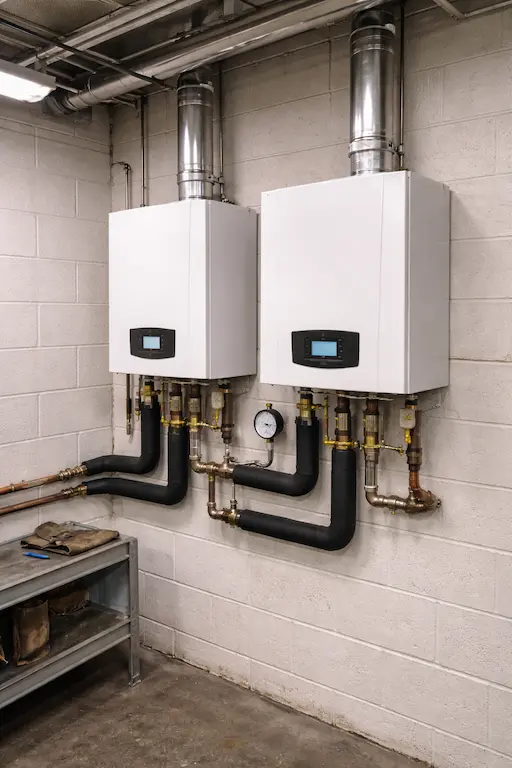 dual wall hung boilers white block wall.webp