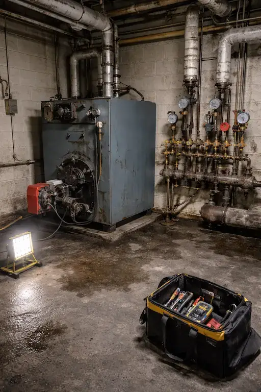 older basement boiler room steam manifold service.webp