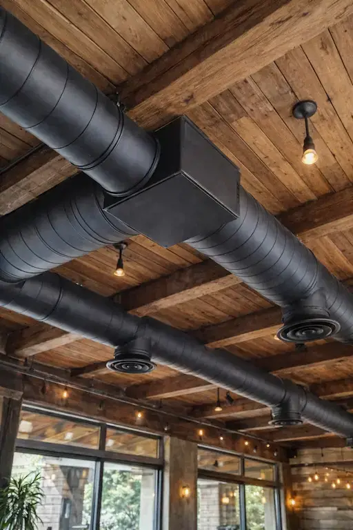 restaurant black exposed hvac ductwork wood ceiling.webp