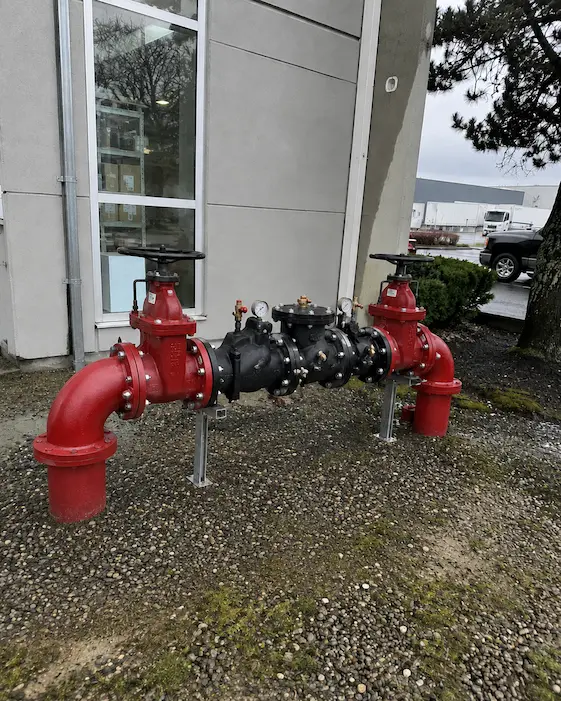 Commercial backflow prevention assembly with valves and test gauges at a Northwest facility for backflow testing by Elite Mechanical.