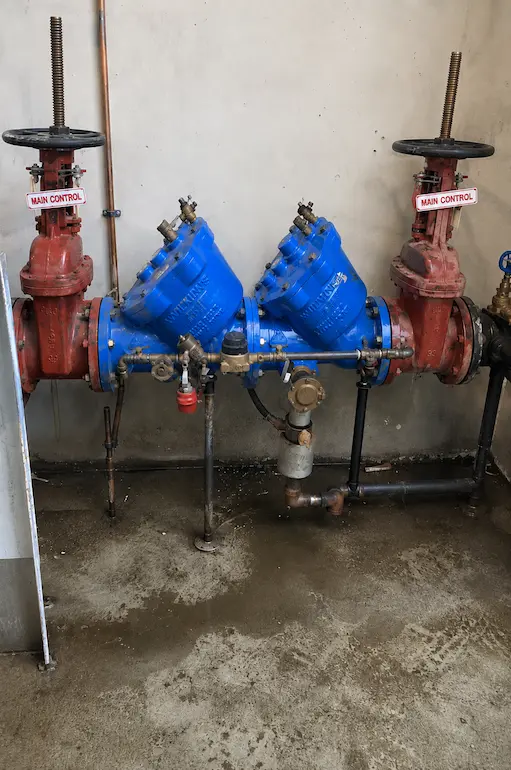 Indoor commercial backflow prevention assembly with red shutoff valves and blue double check valves for professional backflow testing by Elite Mechanical.