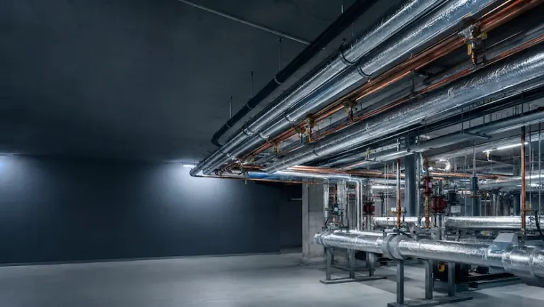 Commercial plumbing loop system with insulated overhead piping in a Lacey, WA mechanical room