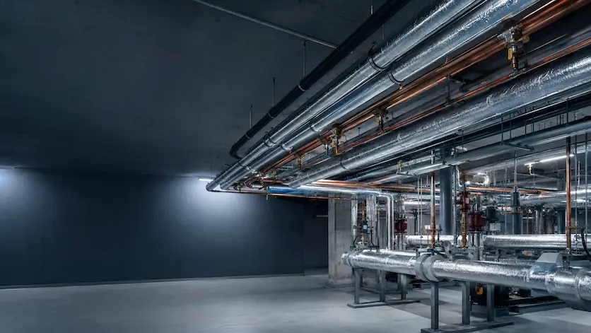Commercial plumbing loop system with insulated overhead piping in a Lacey, WA mechanical room