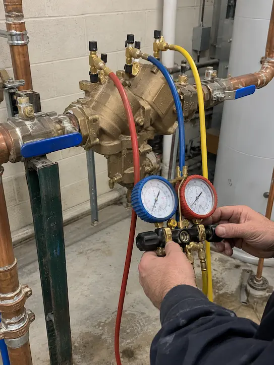 Technician testing a commercial backflow prevention assembly in Lacey, WA