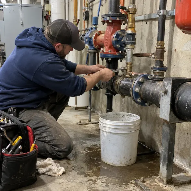 Plumber repairing a leaking pipe connection in a commercial utility room