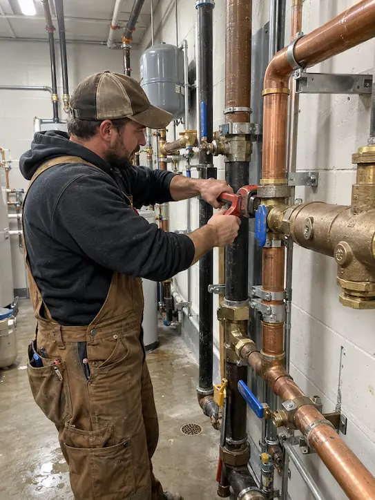 Plumber repairing commercial water supply piping in a building utility room