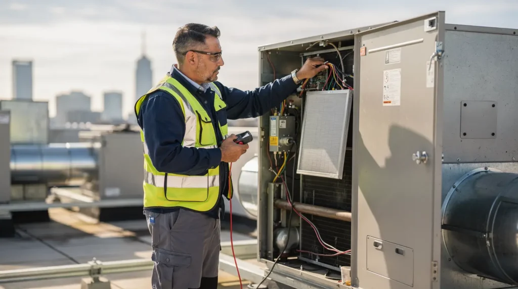 Most commercial rooftop units need professional service at least twice yearly, once before cooling season