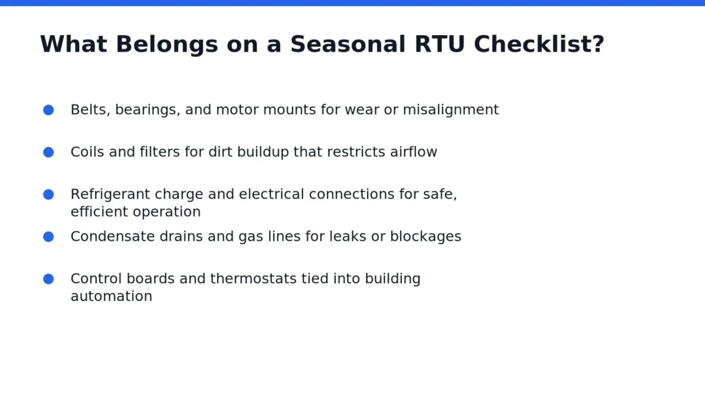 A seasonal checklist covers mechanical components, electrical connections, refrigerant levels, and the gas or condensate